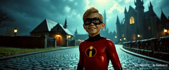 Young Superhero Prepares for Adventure in Dark Castle Setting – AI Generated Video | Hailuo AI