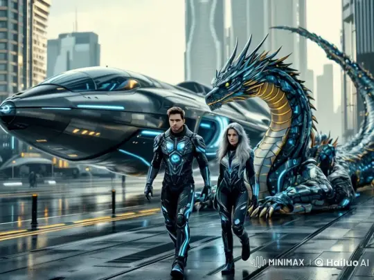 Future City: Humans and Cybernetic Dragon Walk – AI Generated Video | Hailuo AI