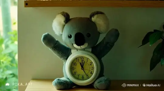 Koala Clock Plush Deflates on Shelf Over Time – AI Generated Video | Hailuo AI