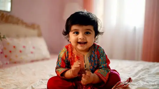 Cozy Bedroom Scene: Joyful Pakistani Toddler Awaits – AI Generated Video | Hailuo AI