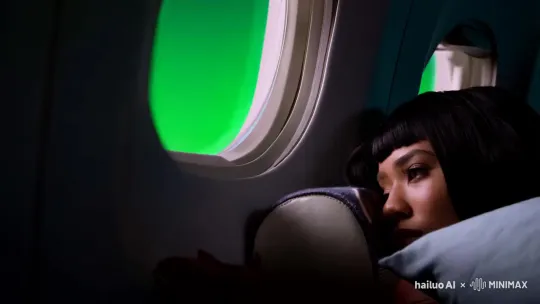 Young Woman Observes Auroras and Meteor Shower from Airplane Window – AI Generated Video | Hailuo AI