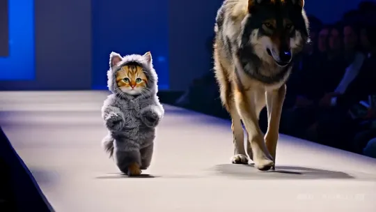 Anthropomorphic Kitten in Wolf Costume on Catwalk – AI Generated Video | Hailuo AI