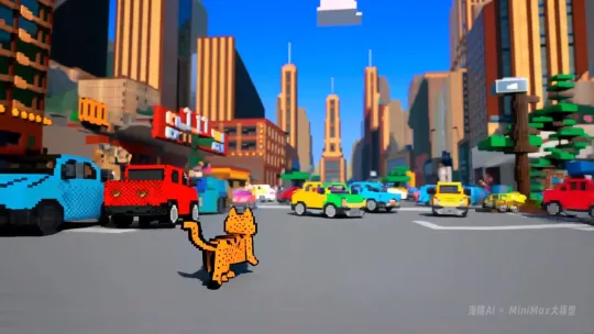 Pixel Art Video: Kitten Walks Busy Street with Holographic Inscription – AI Generated Video | Hailuo AI