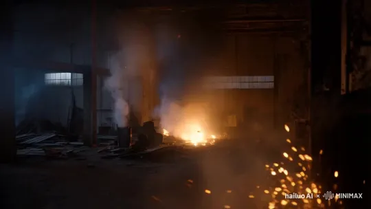 Explosive Chaos Captured in Decrepit Warehouse Setting – AI Generated Video | Hailuo AI