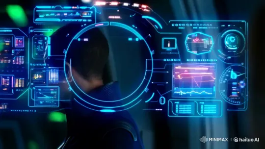 Female Astronaut Smiles Through Colorful Data Screen – AI Generated Video | Hailuo AI