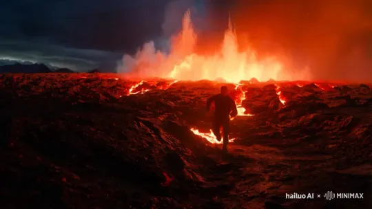 Protagonist Escapes Lava Flow at Volcano's Edge – AI Generated Video | Hailuo AI
