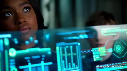 Futuristic Female Officer with Holographic Screens – AI Generated Video | Hailuo AI