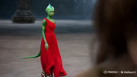 Extraterrestrial Elegance: Alien Model in Red Dress – AI Generated Video | Hailuo AI