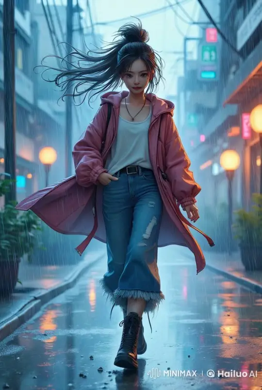 Young Woman Strolls Through Rainy Urban Streets at Dusk – AI Generated Video | Hailuo AI