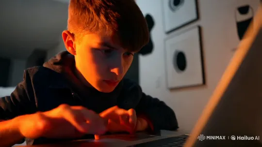 Boy Typing Intently in Minimalist Setting – AI Generated Video | Hailuo AI