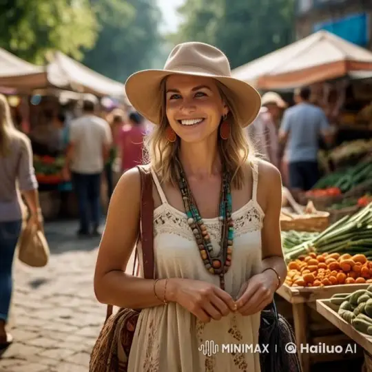 Boho Woman Enjoying Vibrant Market in Live2D Animation – AI Generated Video | Hailuo AI