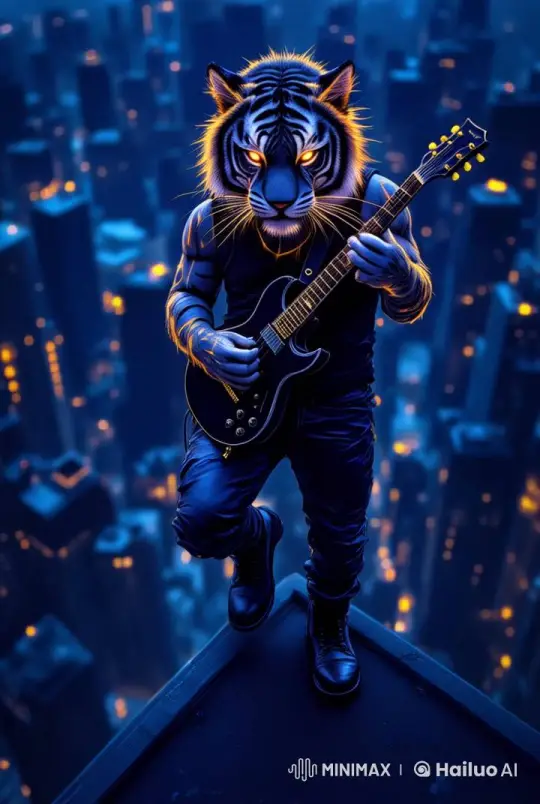 Vibrant Surreal Cityscape: Tiger Rocking Out on Rooftop – AI Generated Video | Hailuo AI