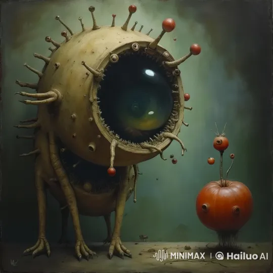Surreal, Dimly Lit Scene with Monstrous Creature and Plant Entity – AI Generated Video | Hailuo AI