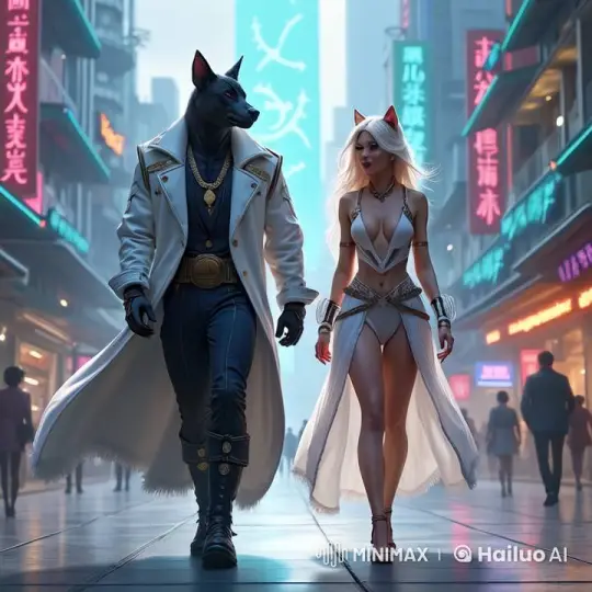 Futuristic City Street with Confident Anthro Duo – AI Generated Video | Hailuo AI