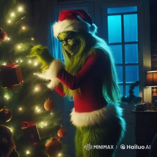 Mischief by the Christmas Tree: A Green Santa's Playful Heist – AI Generated Video | Hailuo AI