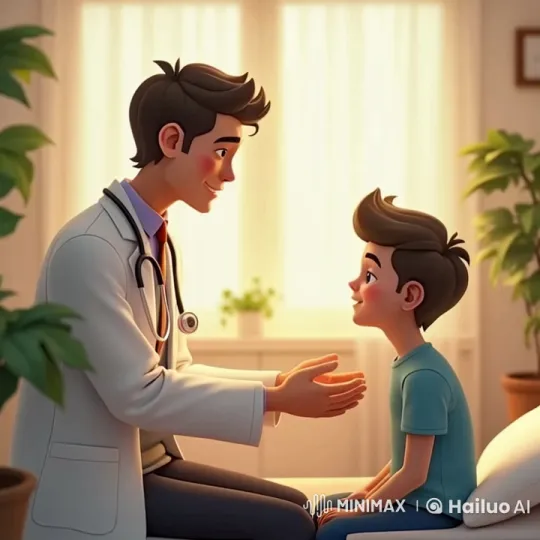 Animated Scene of Doctor's Gentle Consultation with Boy – AI Generated Video | Hailuo AI