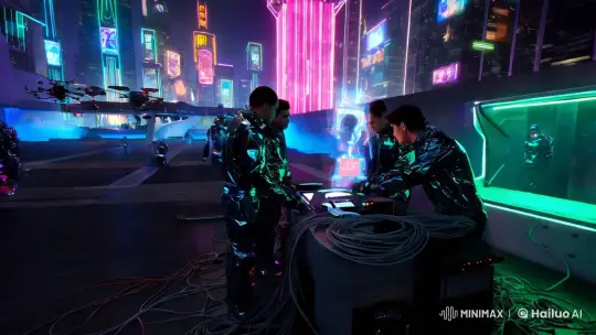 Futuristic Hackers Plan Heist in Neon Cityscape – AI Generated Video | Hailuo AI