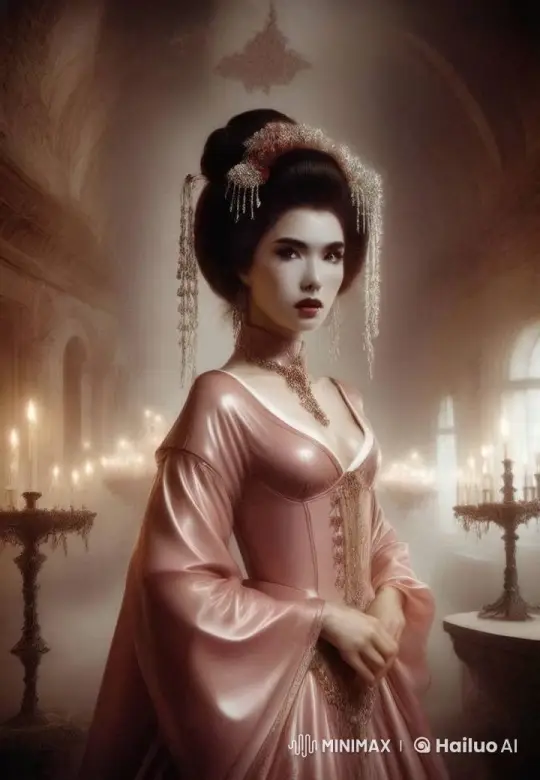 Elegant Woman in Latex Gown Bows Reverently in Opulent Hall – AI Generated Video | Hailuo AI