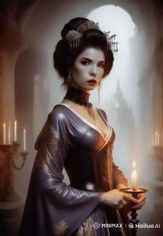 Regal Woman in Latex Gown Adorned by Candlelight – AI Generated Video | Hailuo AI