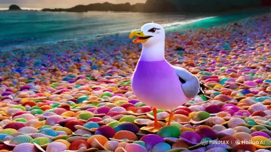 Lavender Seagull Dances with Spiral Shells on Colorful Beach – AI Generated Video | Hailuo AI