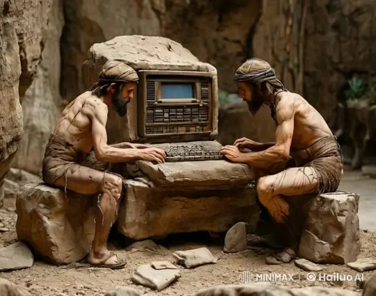 Primitive Inventors Use Stone Computer in Live2D Animation – AI Generated Video | Hailuo AI