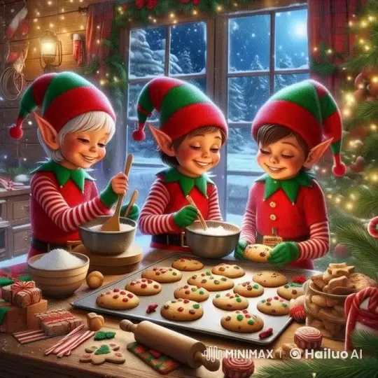 Christmas Elves Baking Joyfully in Festive Kitchen – AI Generated Video | Hailuo AI