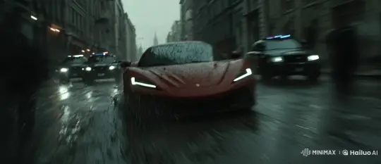 High-Speed Rainy Car Chase in City Streets – AI Generated Video | Hailuo AI