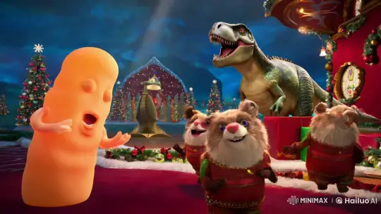 Sponge-Like Figure Leads Joyful Christmas Carol with Animated Creatures and Dinosaur Roar – AI Generated Video | Hailuo AI
