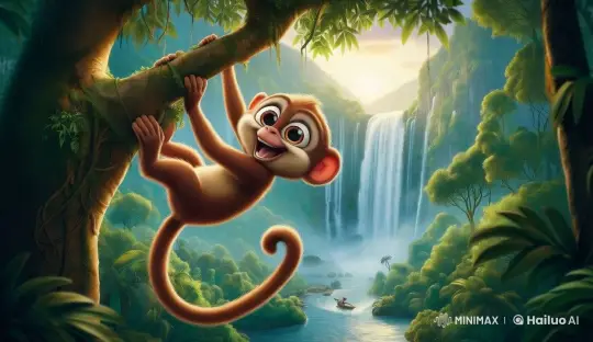 Animated Monkey Jumps Playfully in Lush Jungle Setting – AI Generated Video | Hailuo AI