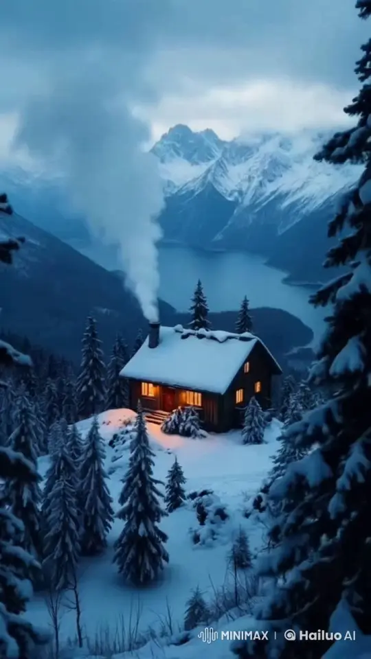 Cozy Cabin Amidst Snowy Winter Wonderland – AI Generated Video | Hailuo AI
