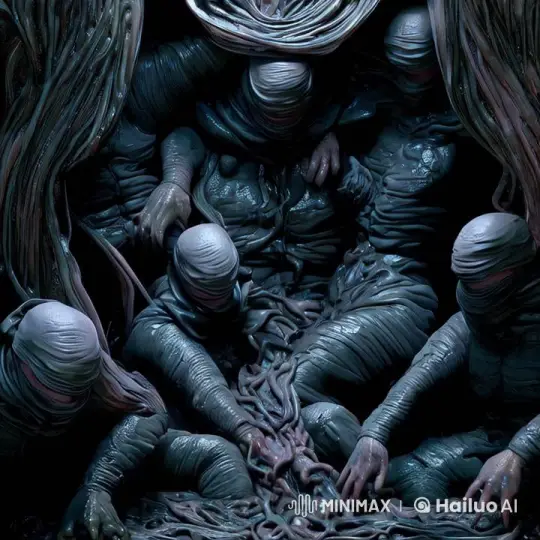 Central Figure Emerges Amidst Dark Figures and Glowing Eyes – AI Generated Video | Hailuo AI