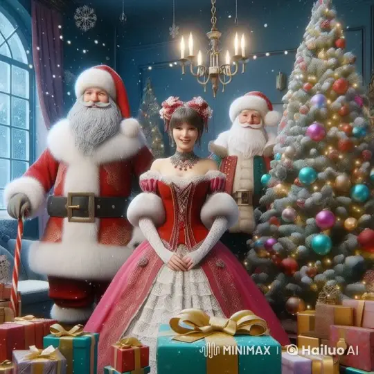 Snow Maiden and Santa Clauses Singing in Festive Room – AI Generated Video | Hailuo AI