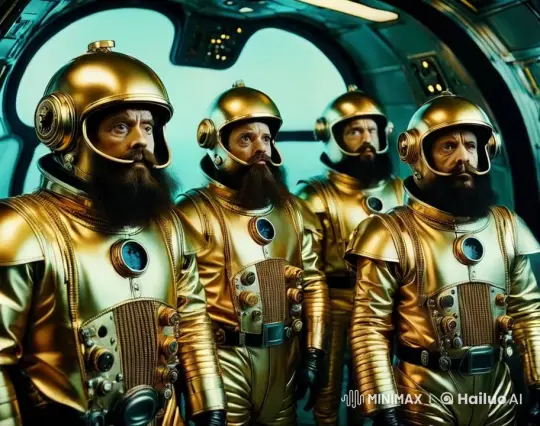 Gold-Suited Men Share Camaraderie in Spacecraft – AI Generated Video | Hailuo AI