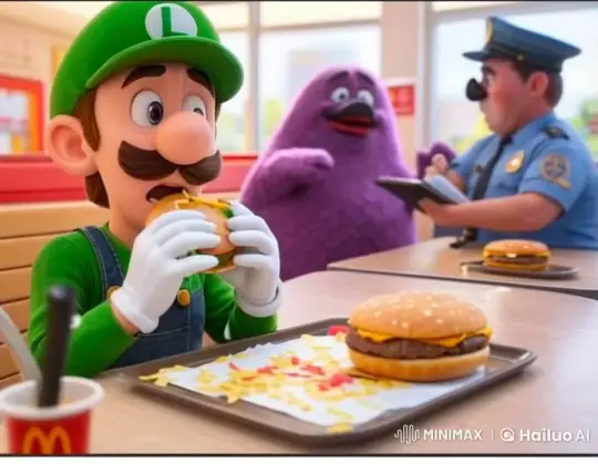 Luigi Nervously Eats Burger in Animated Fast Food Scene – AI Generated Video | Hailuo AI