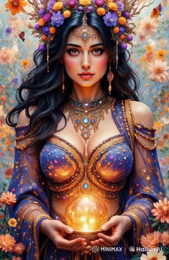 Enchanted Woman in Vibrant Gown with Crystal Ball – AI Generated Video | Hailuo AI