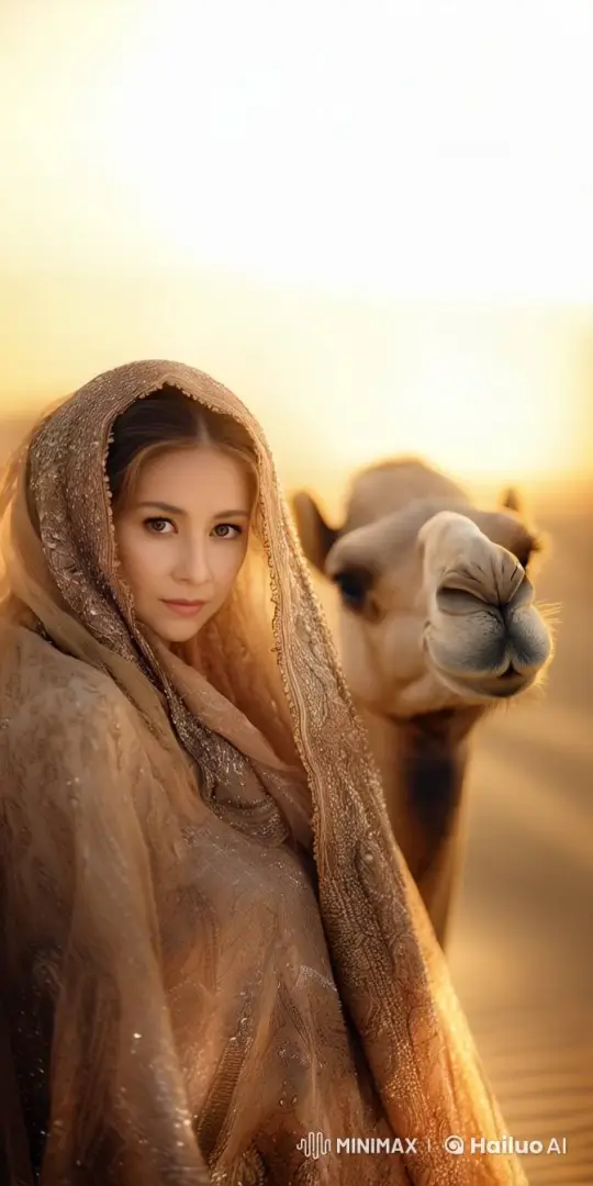 Woman and Camel Bond in Desert Sunset Scene – AI Generated Video | Hailuo AI