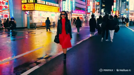 Stylish Woman in Neon-Lit Tokyo Streetscape – AI Generated Video | Hailuo AI