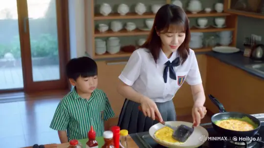 Young Woman Cooks Omelet in Serene Kitchen – AI Generated Video | Hailuo AI