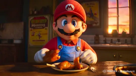 Mario Enjoying Dinner in Cozy Kitchen – AI Generated Video | Hailuo AI