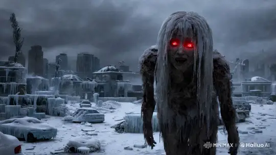 Colossal Zombie-like Girl in Winterscape of Decay and Horror – AI Generated Video | Hailuo AI