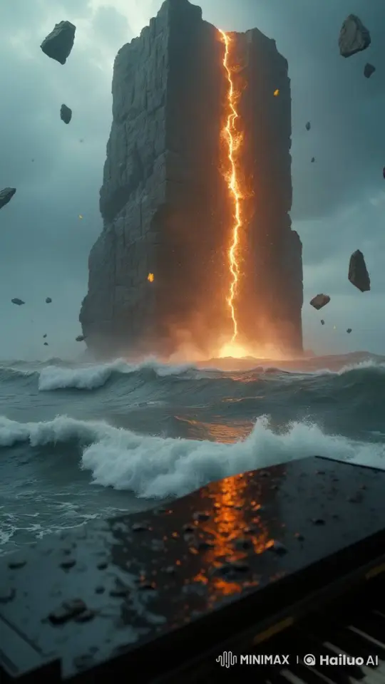 Cataclysmic Ocean: Monolith's Fiery Destruction – AI Generated Video | Hailuo AI