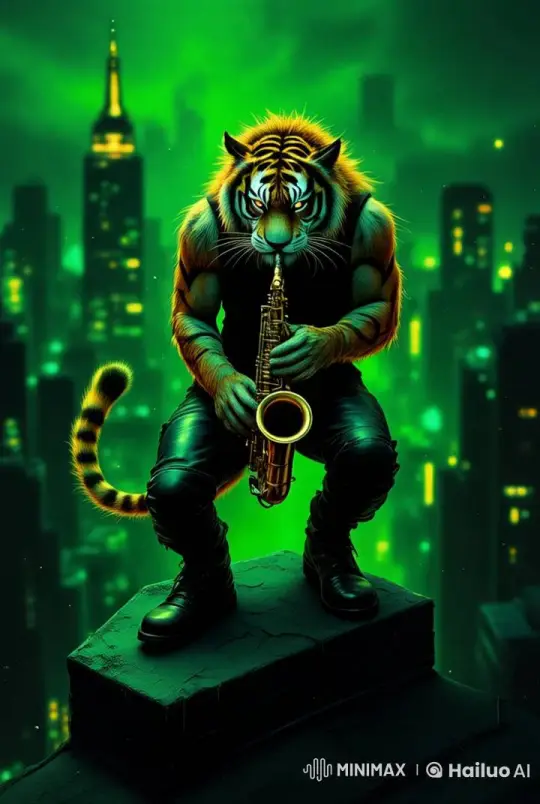 Tigerman Saxophonist Serenades Cityscape in Live2D Animation – AI Generated Video | Hailuo AI