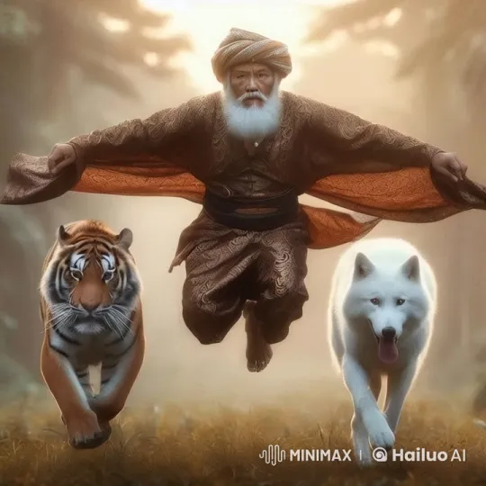Elderly Man Walks with Tiger and Wolf in Mystical Forest – AI Generated Video | Hailuo AI