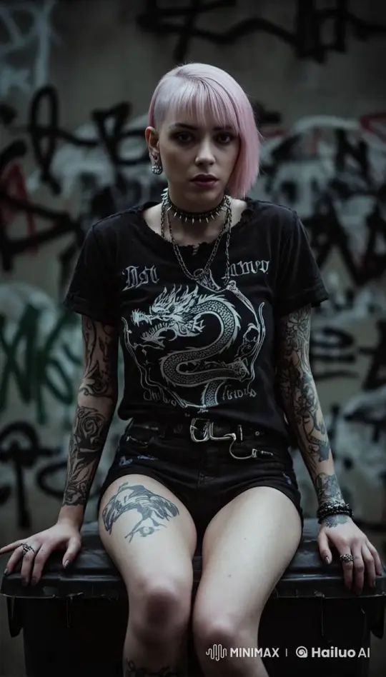 Urban Punk Scene: Pink-Haired Person Resting on Bin – AI Generated Video | Hailuo AI