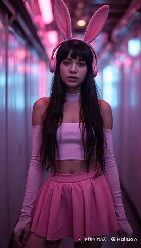 Young Woman in Neon-Lit Corridor with Live2D Animation – AI Generated Video | Hailuo AI
