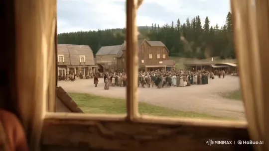 Young Woman Observes Town Rally Through Broken Window – AI Generated Video | Hailuo AI