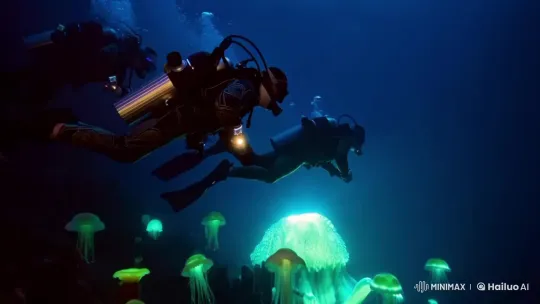 Futuristic Divers Discover Bioluminescent Abyssal Creature – AI Generated Video | Hailuo AI