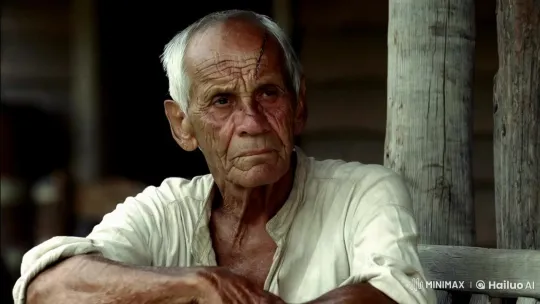 Wise Elder on Wooden Porch with Scar and Calloused Hands – AI Generated Video | Hailuo AI