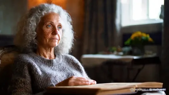 Elderly Woman Reflecting on Memories in Armchair – AI Generated Video | Hailuo AI