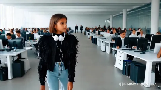 Confident Young Lady in Feather Jacket Walks Through Office – AI Generated Video | Hailuo AI